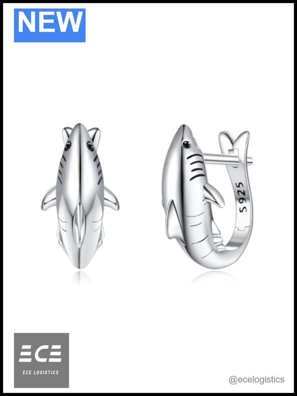 Shark Hoop Earrings Sterling Silver Push Back Ocean Lovers